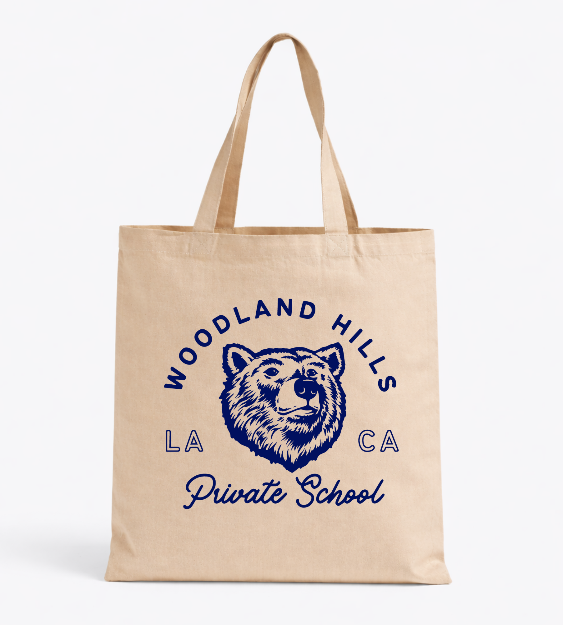 High-quality beige cotton tote bag with black custom logo print