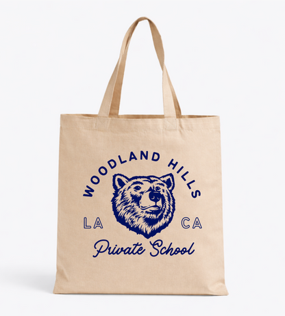 High-quality beige cotton tote bag with black custom logo print