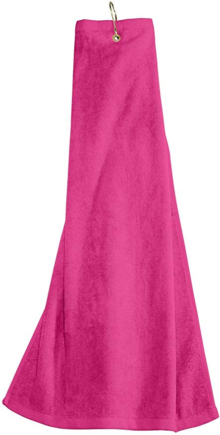 wholesale Tri-fold Golf Towels with Metal Bag Clip, Hot Pink Color in bulk